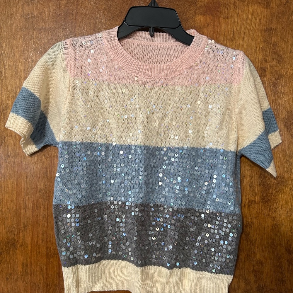 Sequin Striped Short Sleeve Sweater
